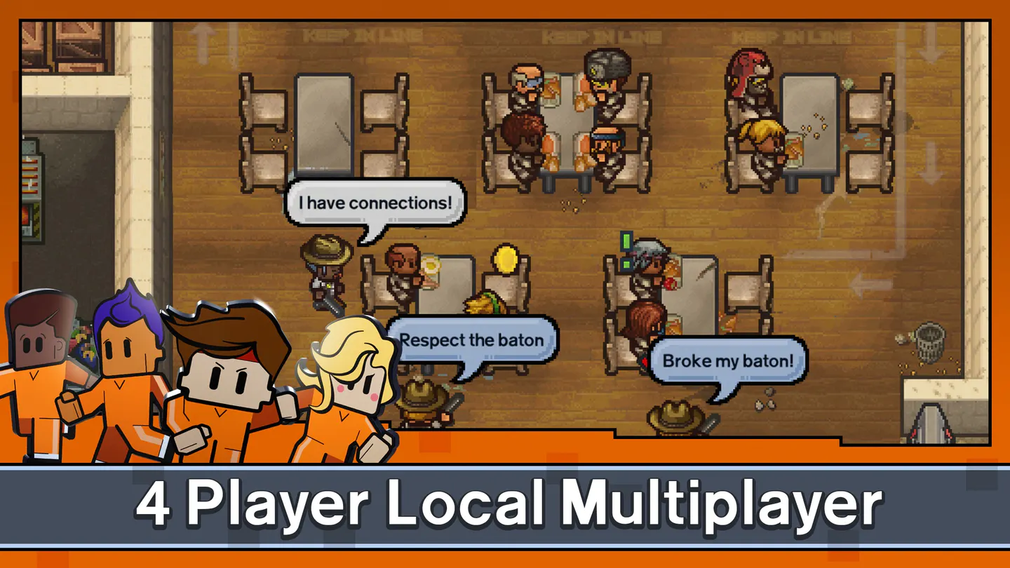 Escapists 2: Pocket Breakout на iPhone: тюремная столовая с заключенными за столами, охранники в шляпах с репликами, внизу надпись 4 Player Local Multiplayer