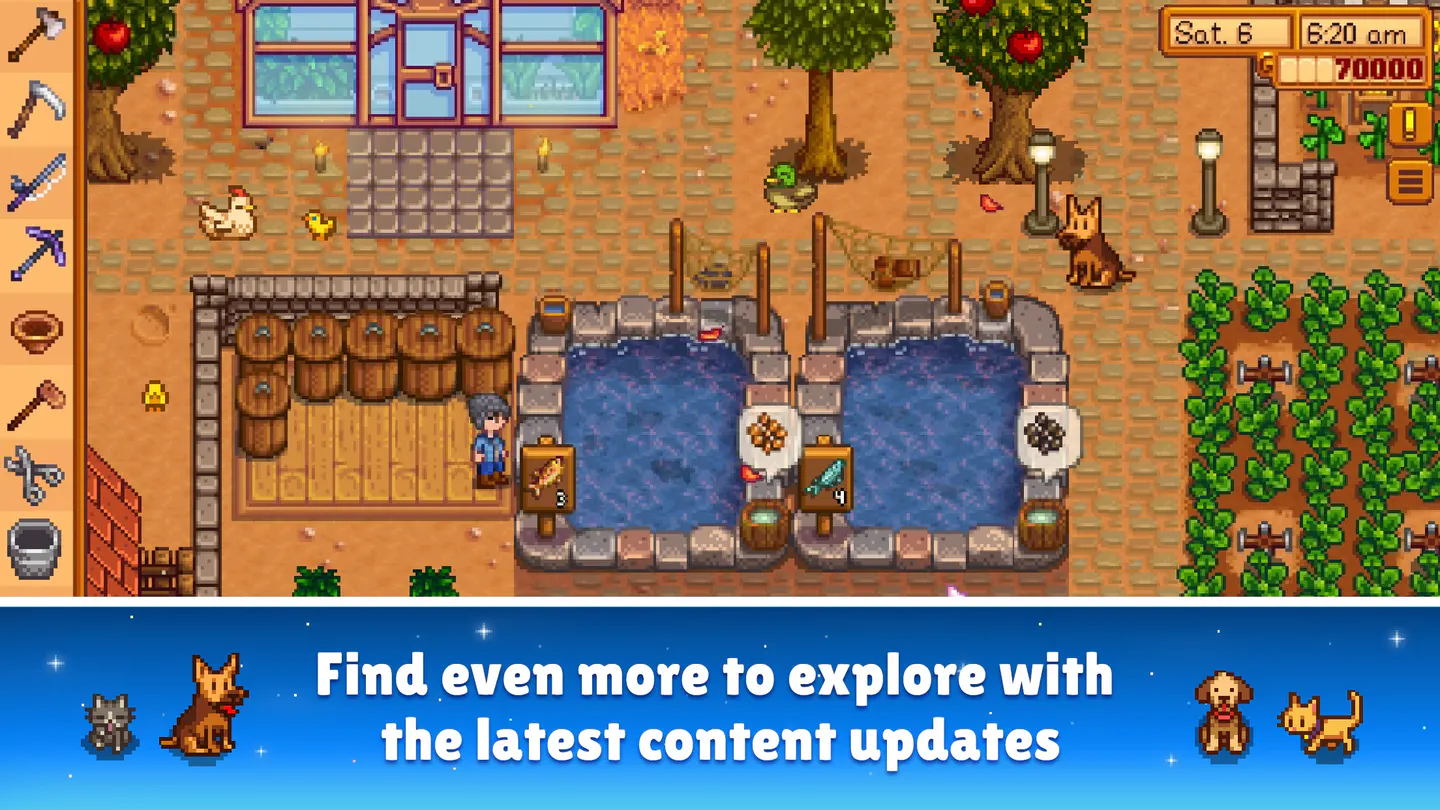 Stardew Valley на iPhone: фермер у бочек рядом с двумя рыбными прудами, вокруг курица, утка, собака и грядки