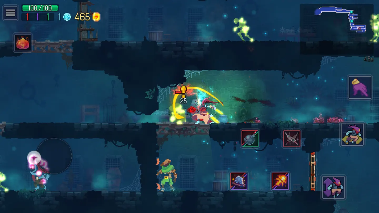 Dead Cells на iPhone: герой наносит удар врагу в темно-синей тюремной локации, слева виртуальный джойстик, справа кнопки оружия и навыков