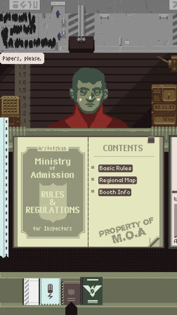 Papers, Please на iPhone: мужчина в красном пальто у окна пограничной будки, реплика «Papers, please», ниже раскрыт справочник Министерства допуска с правилами
