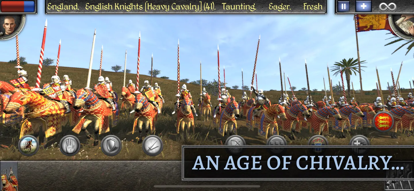 Total War: MEDIEVAL II на iPhone: строй английских рыцарей с копьями на конях в красно-золотых попонах, внизу сенсорные кнопки приказов