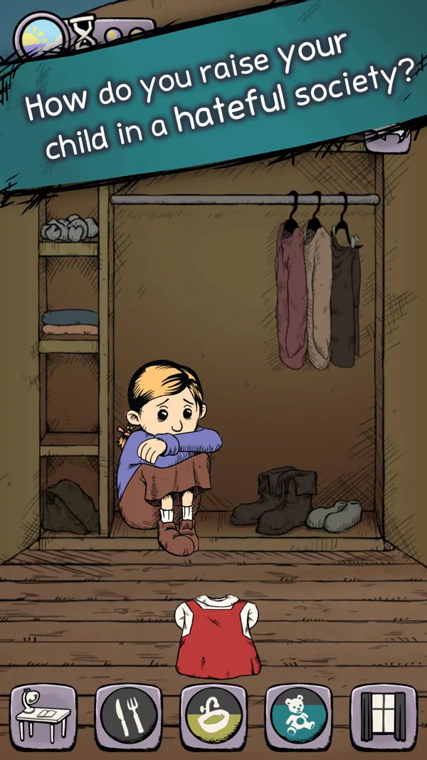 My Child Lebensborn на iPhone: девочка Карин сидит в шкафу, обхватив колени, внизу экрана кнопки действий