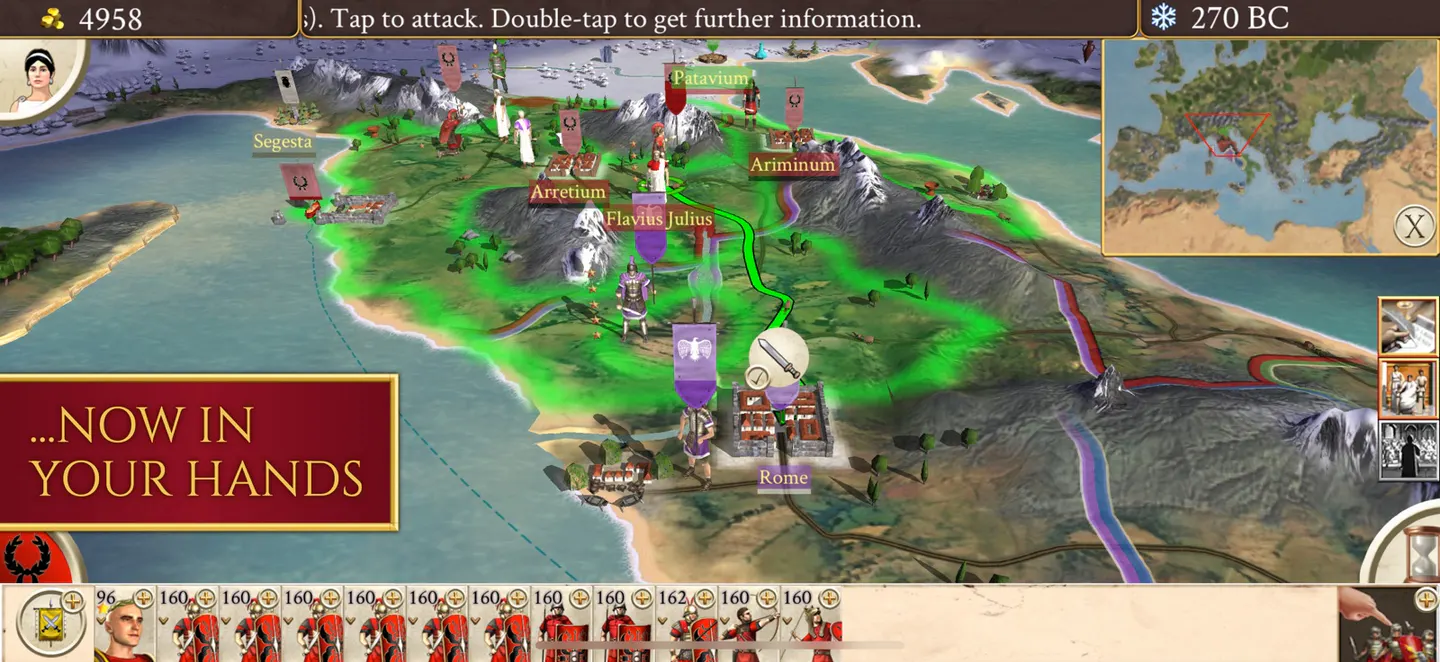 ROME: Total War на iPhone: стратегическая карта Италии в 270 году до нашей эры с городами Рим, Арретий и Аримин, армиями и миникартой Средиземноморья