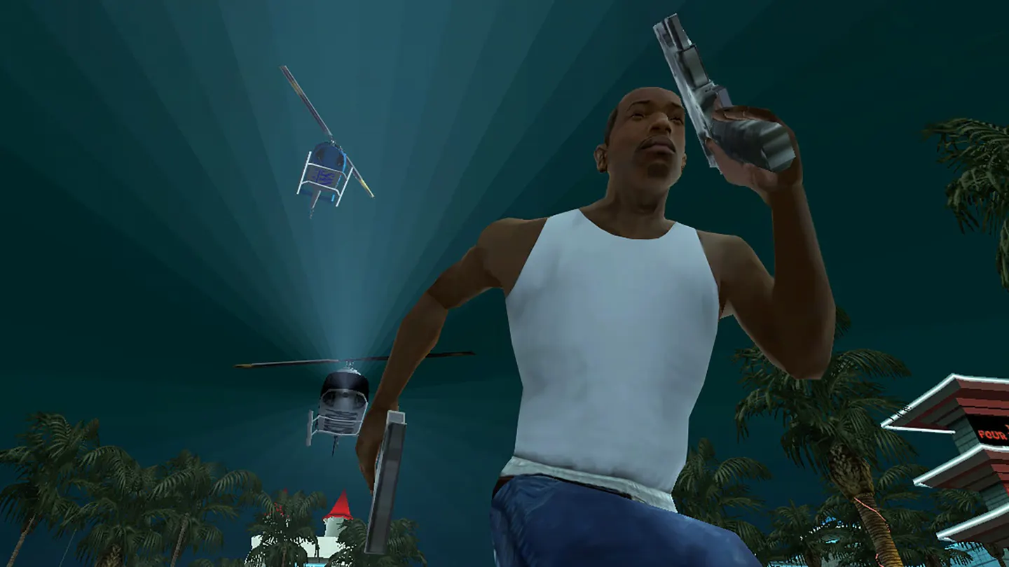 GTA San Andreas на iPhone: CJ с двумя пистолетами убегает ночью от полицейских вертолетов с прожекторами