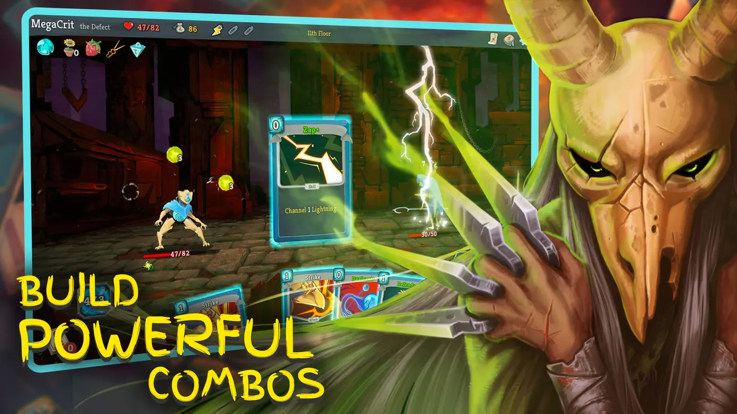 Slay the Spire на iPhone: бой за Defect на 11-м этаже, в центре карта Zap, внизу рука с картами Strike и Defend, справа арт персонажа в маске-черепе с рогами