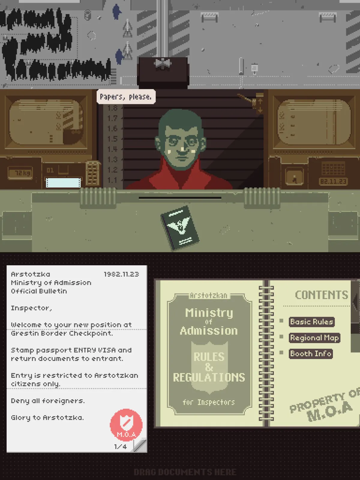 Papers, Please на iPad: будка инспектора с посетителем у окна, паспорт на стойке, внизу бюллетень Министерства допуска и справочник правил