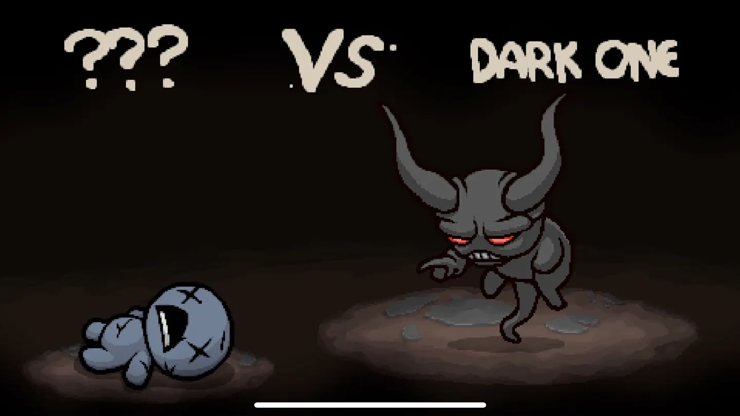 The Binding of Isaac: Rebirth на iPhone: заставка перед боем с боссом, слева поверженный синий персонаж ???, справа рогатый демон Dark One с красными глазами