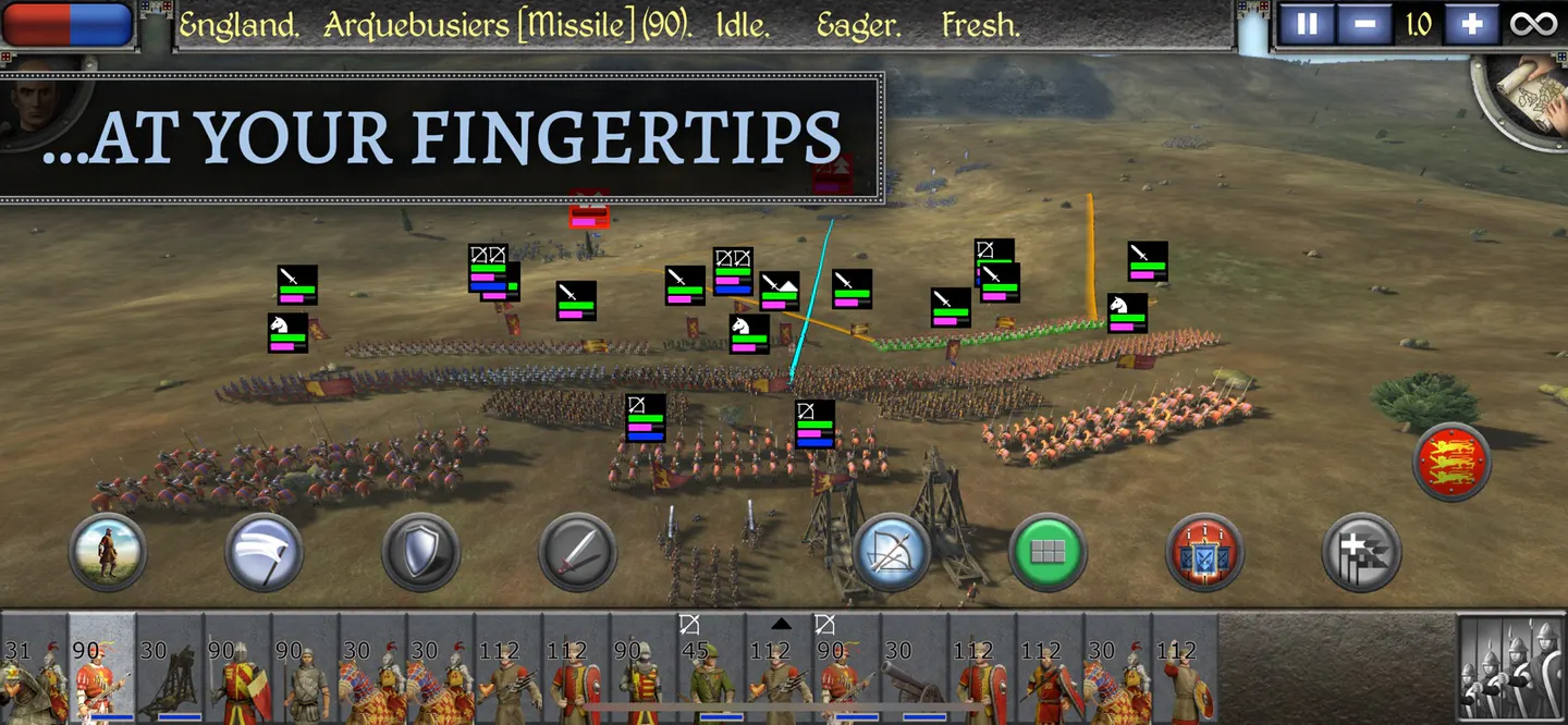 Total War: MEDIEVAL II на iPhone: вид сверху на большое сражение, отряды английской армии с катапультами и иконками приказов, внизу панель карточек отрядов