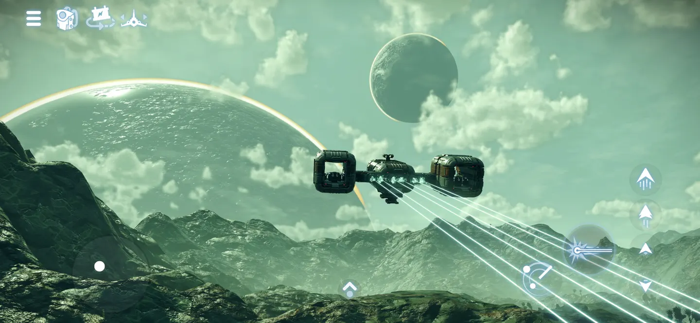 No Man's Sky на iPhone: корабль летит над зелеными горами, в небе висят две планеты, по краям экрана сенсорные кнопки