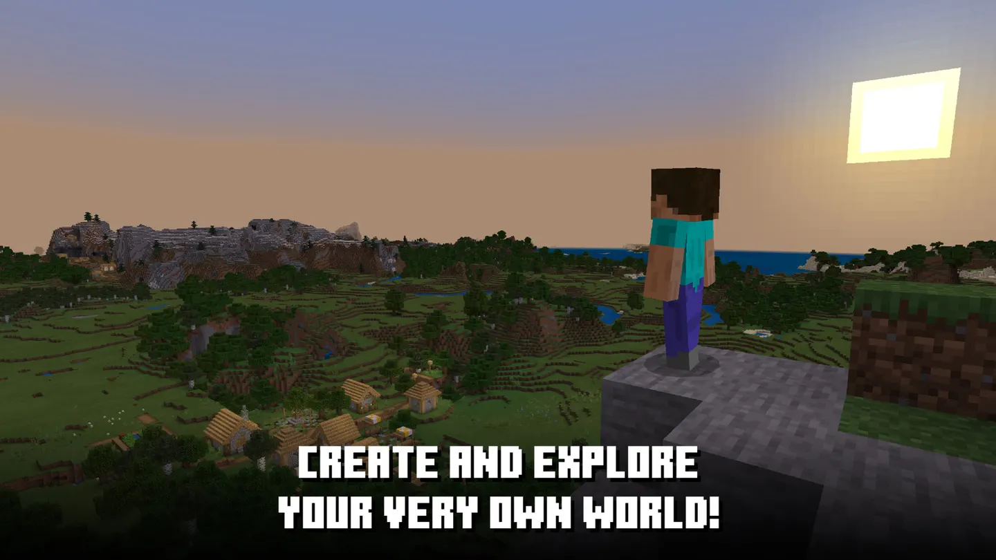 Скриншот Minecraft из App Store: Стив на скале смотрит на деревню и море