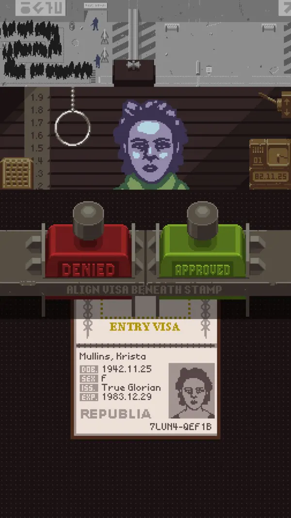 Papers, Please на iPhone: женщина у окна будки, красный штамп Denied и зеленый Approved над въездной визой Кристы Маллинс из Республии