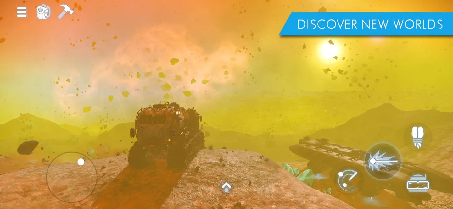 No Man's Sky на iPhone: гусеничный вездеход на холме чужой планеты с желто-оранжевым небом, рядом приземлившийся корабль
