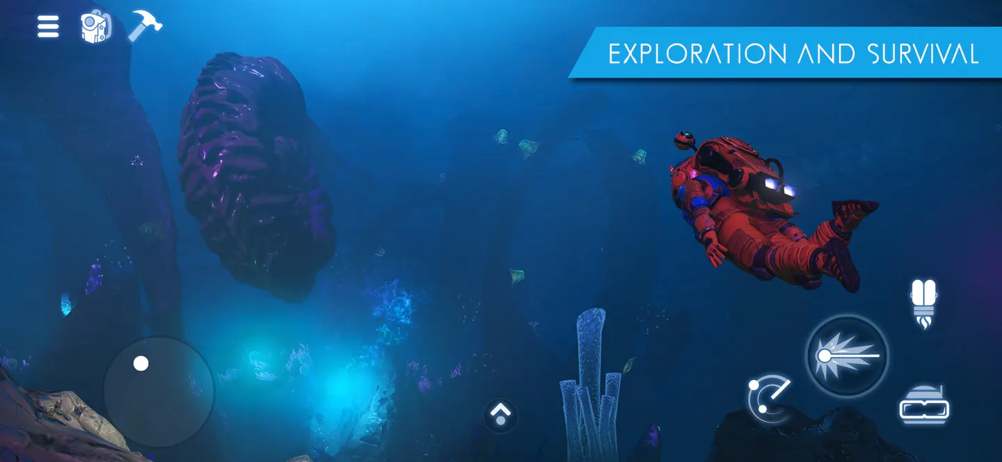 No Man's Sky на iPhone: путешественник в оранжевом скафандре плывет под водой среди светящихся кораллов
