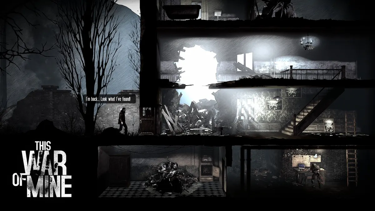 This War of Mine: разрушенный дом в разрезе с пробитой стеной, выживший возвращается в убежище и говорит, что принес находки