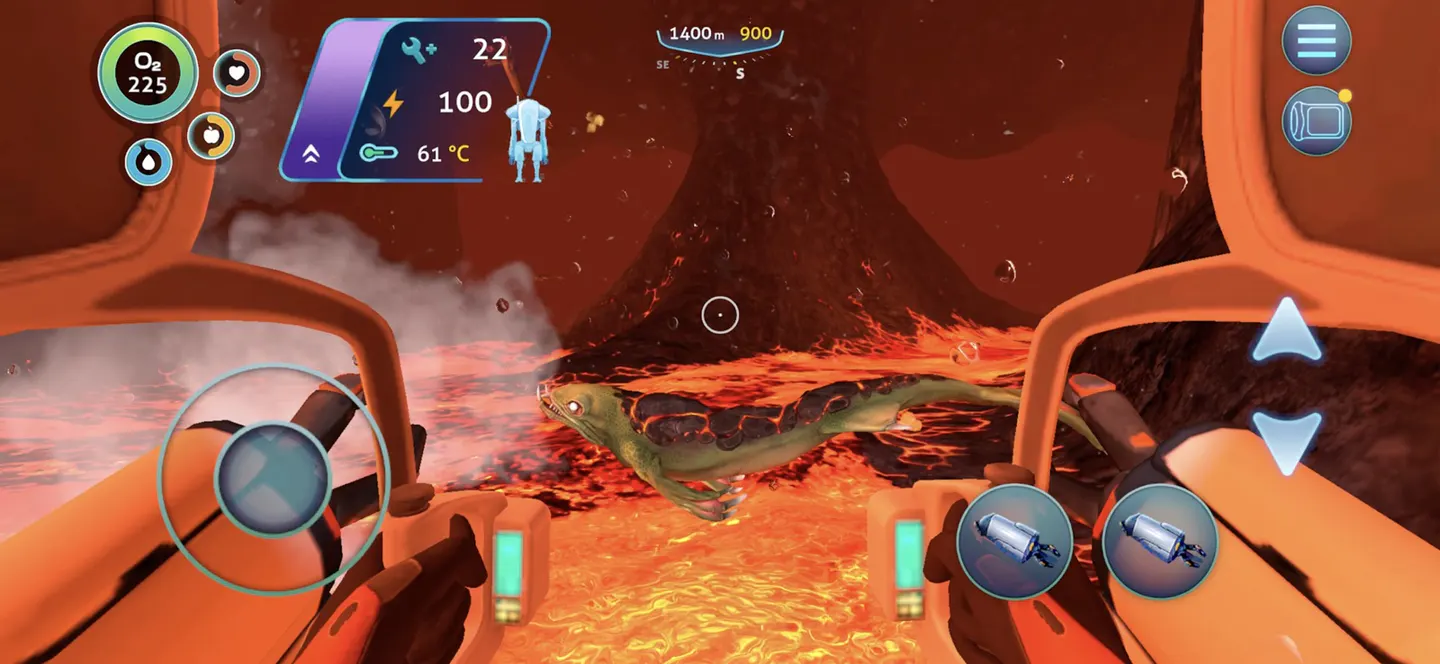 Subnautica на iPhone: вид из кабины экзокостюма на глубине 1400 метров, вокруг лава и подводное существо