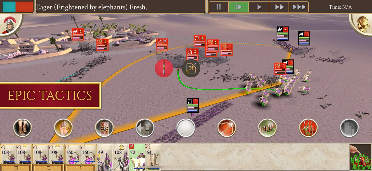 ROME: Total War на iPhone: сражение в пустыне у города с пальмами, конница и боевой слон, снизу карточки отрядов и кнопки скорости игры