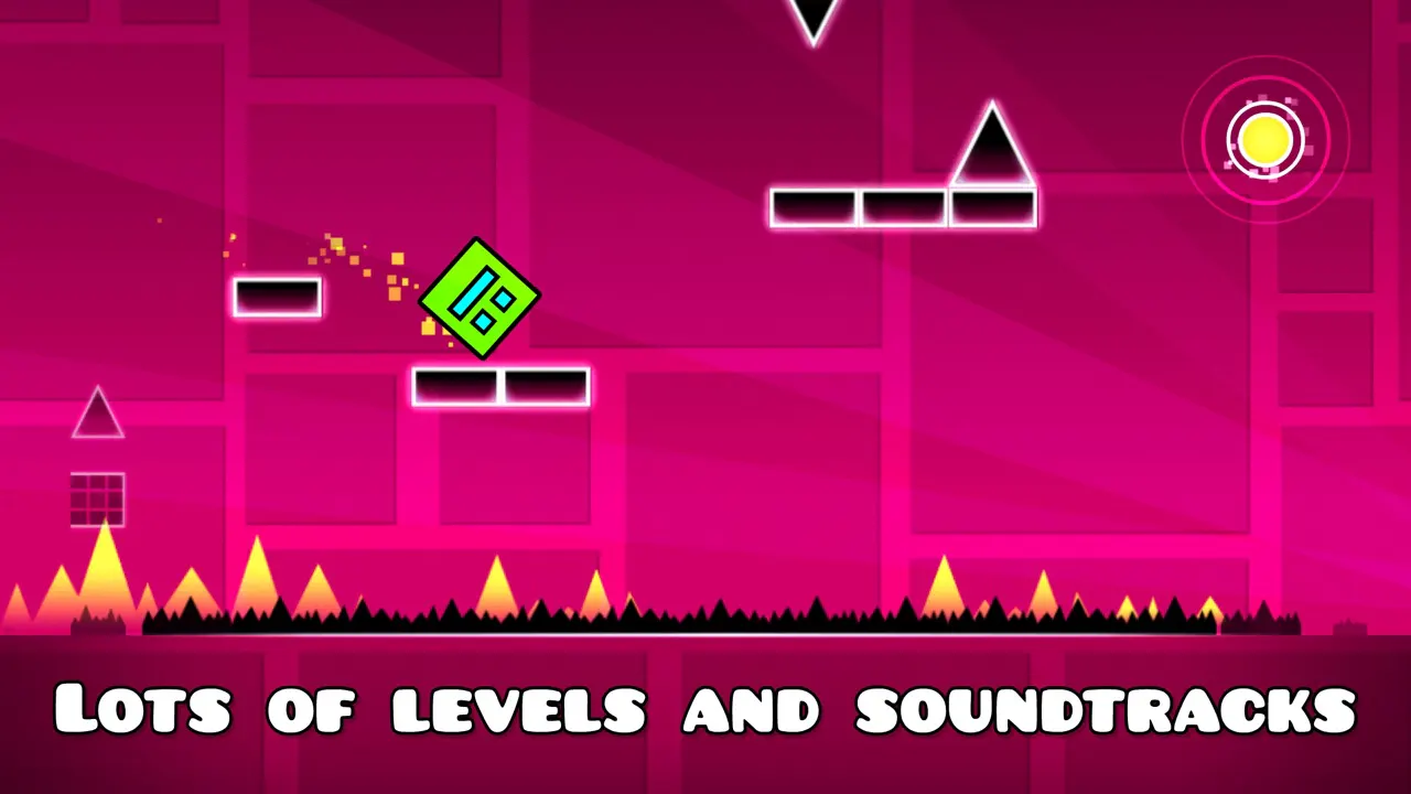 Geometry Dash: зеленый кубик прыгает между неоновыми платформами над шипами на розовом уровне
