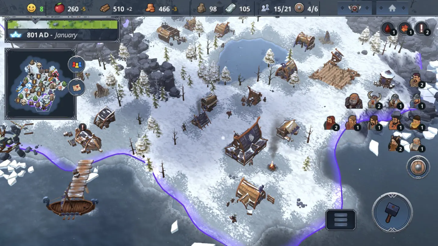 Northgard на iPhone: заснеженное поселение викингов в январе 801 года, замерзшее озеро, корабль у причала, справа портреты жителей, сверху запасы еды и дерева