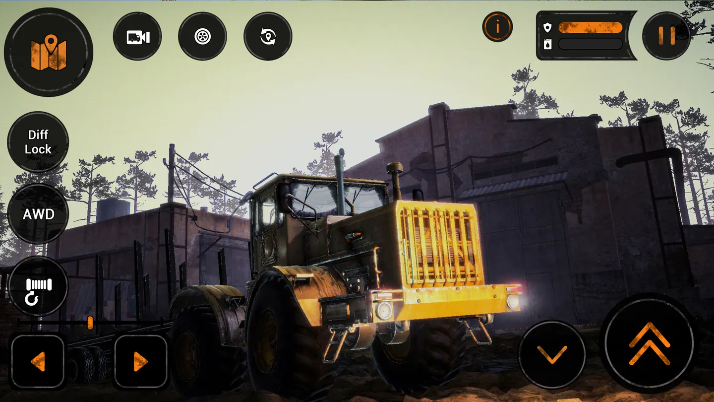 MudRunner Mobile на iPhone: желтый колесный тягач с включенными фарами стоит у старого кирпичного здания в сумерках