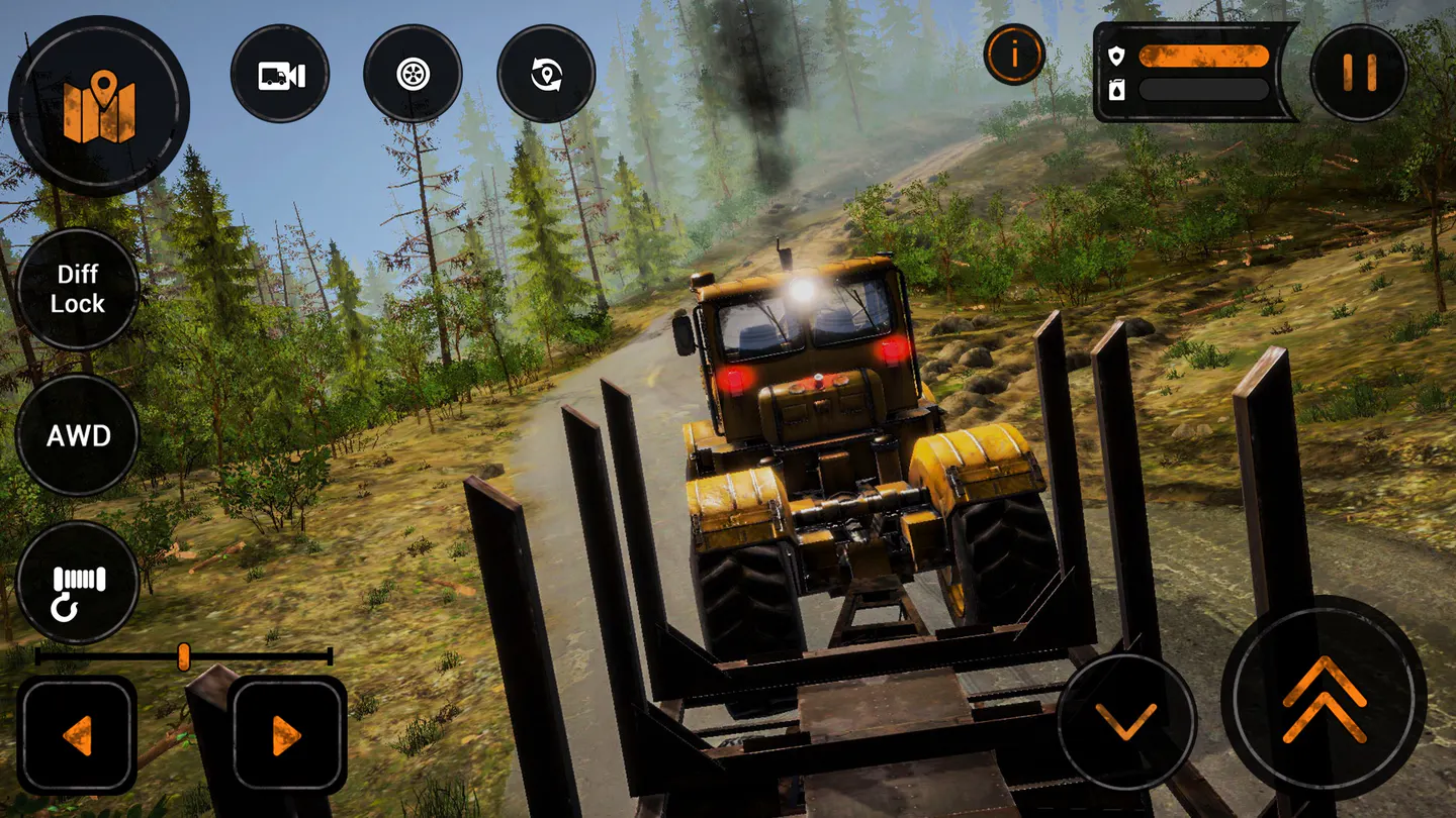 MudRunner Mobile на iPhone: желтый колесный тягач с прицепом-лесовозом едет по лесной дороге, слева кнопки Diff Lock, AWD и лебедки, справа педали