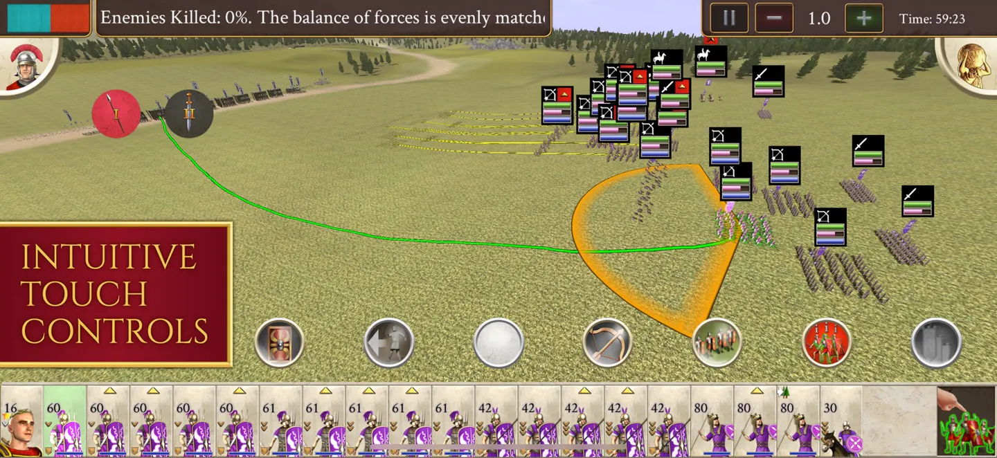ROME: Total War на iPhone: римские отряды в пурпурных доспехах получают приказ, зеленая линия показывает путь, оранжевая зона — направление атаки, снизу карточки отрядов