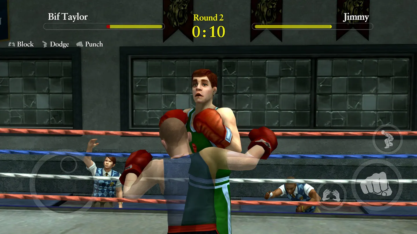 Bully на iPhone: боксерский поединок Джимми с Бифом Тейлором, второй раунд, полоски здоровья и сенсорные кнопки удара