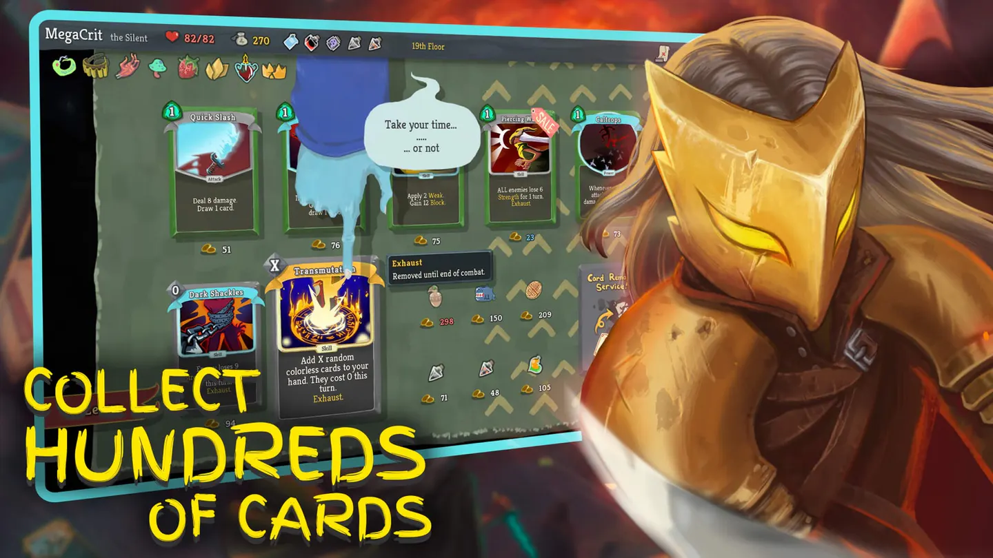 Slay the Spire на iPhone: магазин торговца на 19-м этаже, Silent выбирает карты Quick Slash, Transmutation и Dark Shackles с ценами в золоте, справа арт героини в золотой маске