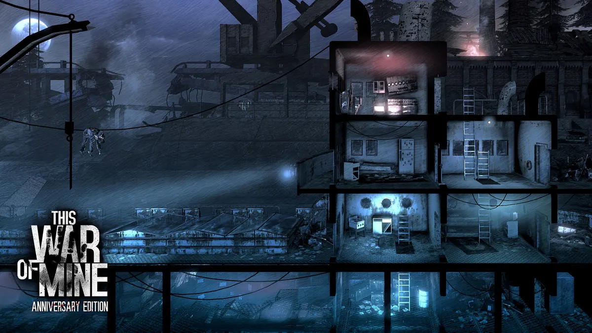 This War of Mine Anniversary Edition: ночь, дождь, многоэтажное убежище в разрезе у промышленной зоны, слева персонаж перебирается по тросу