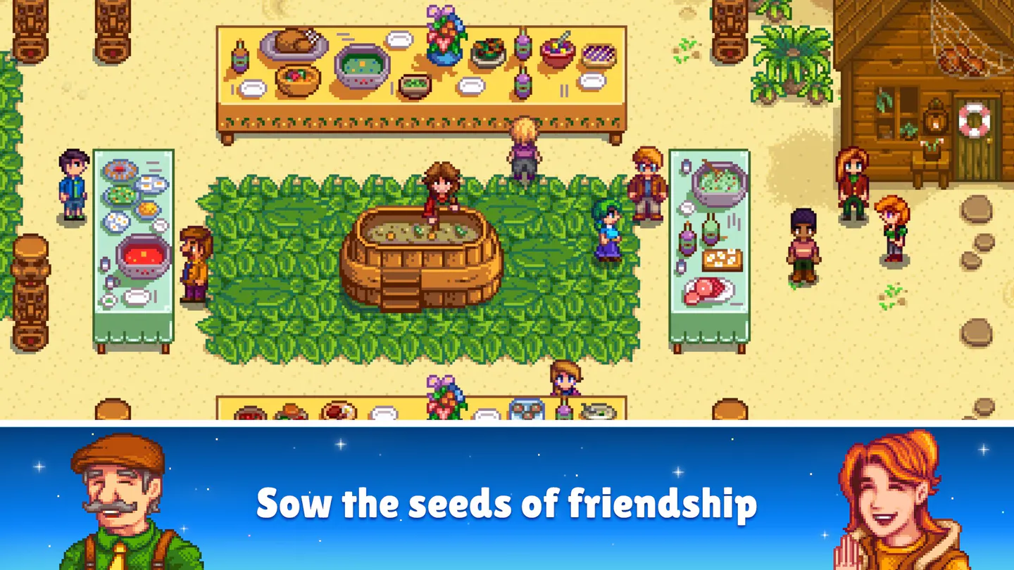 Stardew Valley на iPhone: праздник на пляже, жители городка собрались вокруг большого котла и столов с угощениями