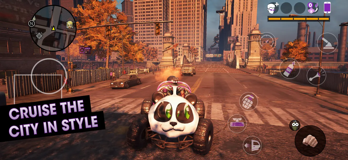 Saints Row: The Third на iPhone: машина в виде панды едет по мосту в Стилпорте, по краям экрана сенсорные кнопки