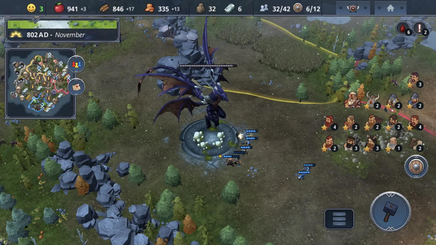 Northgard на iPhone: отряд викингов сражается с огромным темным драконом на каменном круге, справа портреты воинов со звездами, слева мини-карта