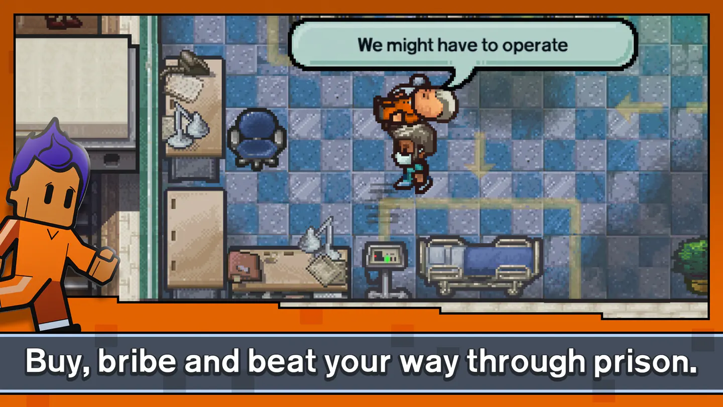 Escapists 2: Pocket Breakout на iPhone: тюремный лазарет с больничной койкой и креслом, медсестра в маске несет заключенного на плече