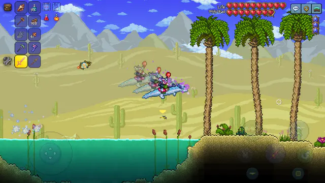 Terraria на iPhone: персонаж летит верхом на ледяном существе над пустыней с кактусами, пальмами и озером