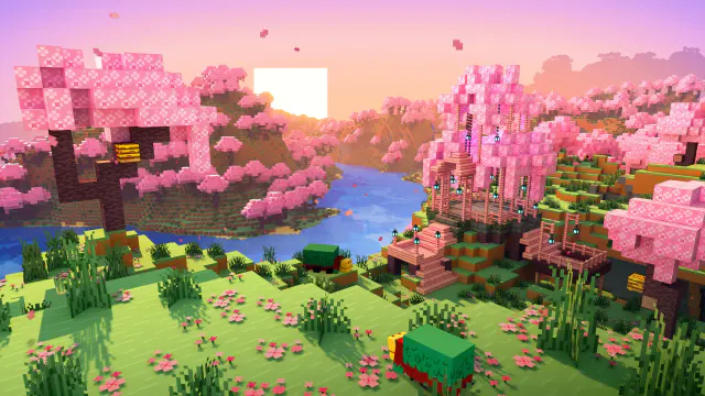 Minecraft: вишневая роща, река и деревянный павильон на закате