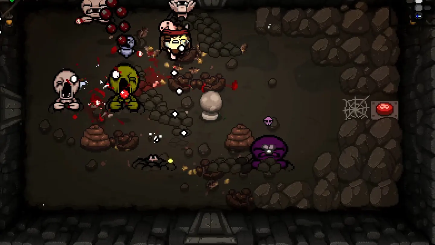 The Binding of Isaac: Rebirth на iPhone: каменная комната подвала, Айзек отстреливается слезами от толпы уродливых врагов среди камней и куч навоза, справа красная кнопка