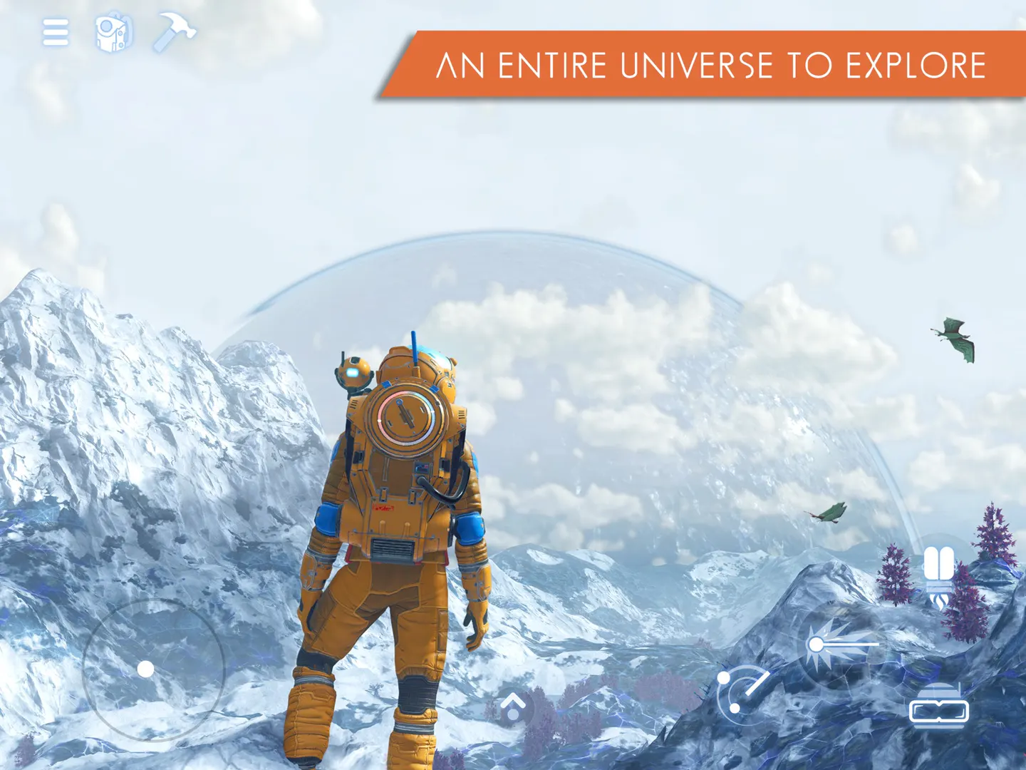 No Man's Sky на iPad: путешественник в оранжевом скафандре стоит на заснеженной горе, на горизонте огромная планета