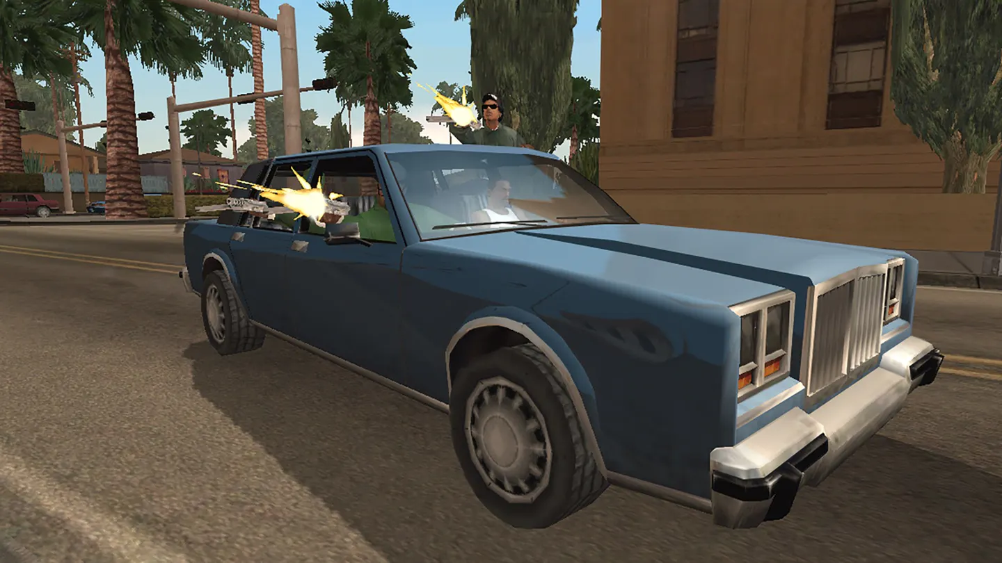 GTA San Andreas на iPhone: CJ за рулем синего седана, напарники стреляют из окон на ходу