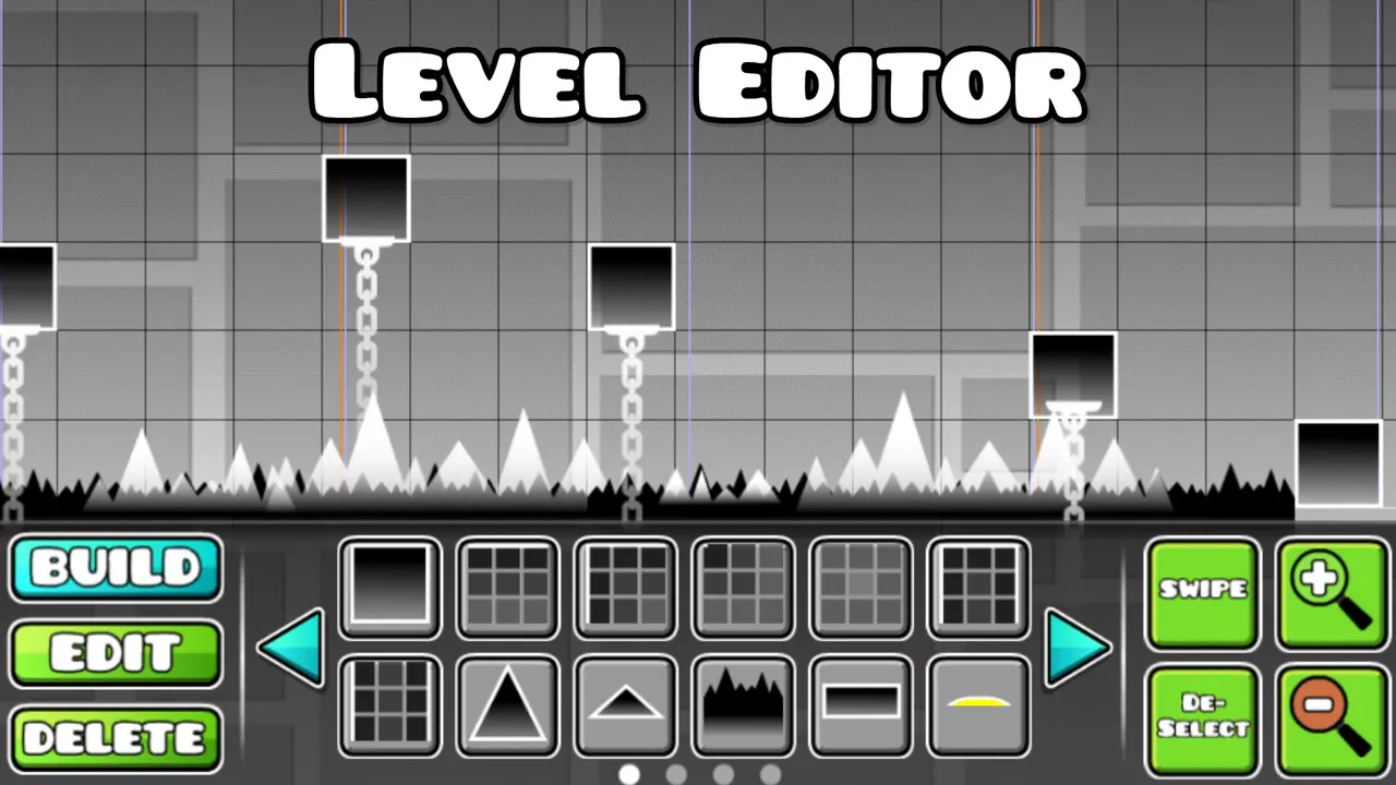 Редактор уровней Geometry Dash: сетка, блоки на цепях, шипы и панель с кнопками Build, Edit, Delete