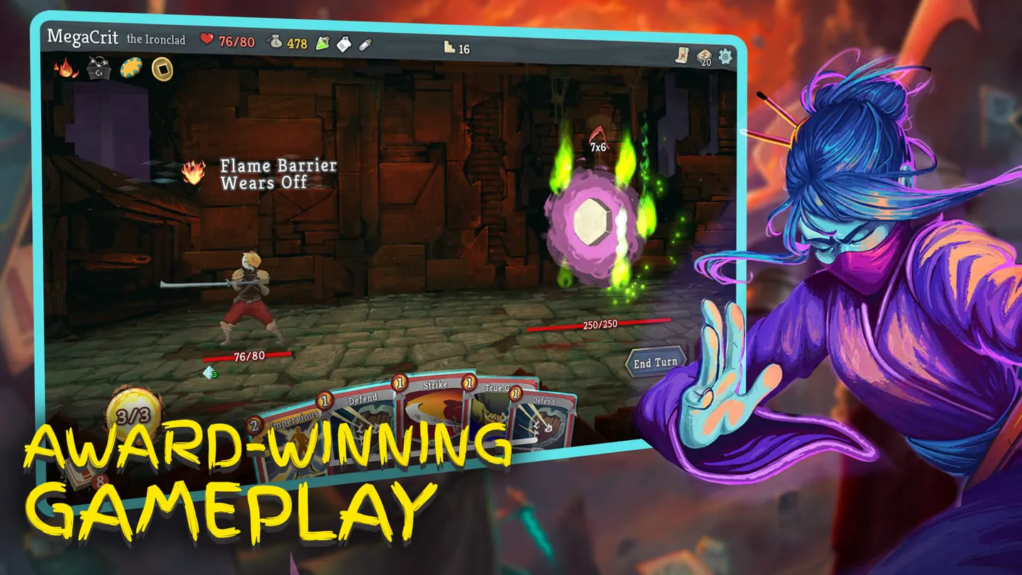 Slay the Spire на iPhone: Ironclad с мечом против босса-шестигранника в зеленом пламени, у врага 250 из 250 здоровья, внизу рука карт и кнопка End Turn