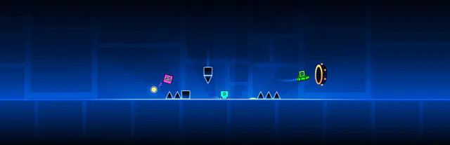 Geometry Dash: неоновый синий уровень с кубиками, шипами, ракетой и порталом