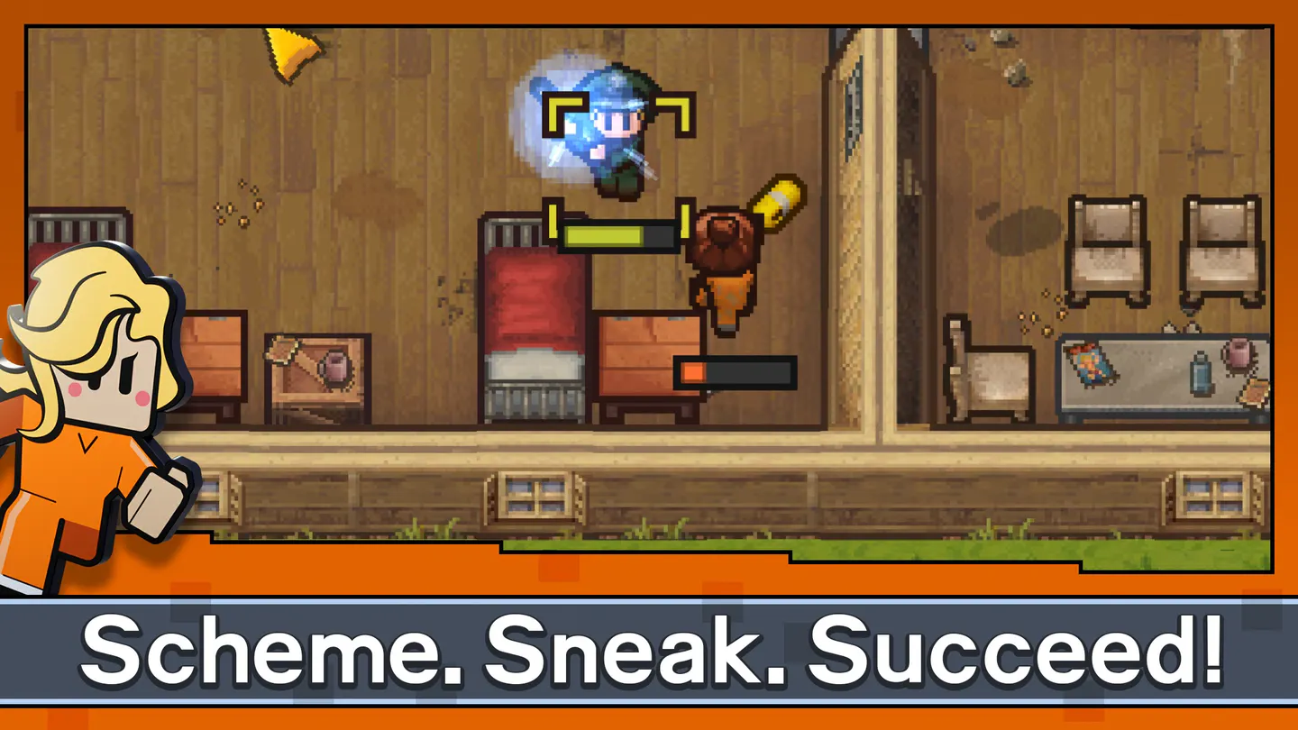 Escapists 2: Pocket Breakout на iPhone: заключенный в оранжевой робе с битой бьет охранника в камере, над противниками полоски здоровья и рамка захвата цели