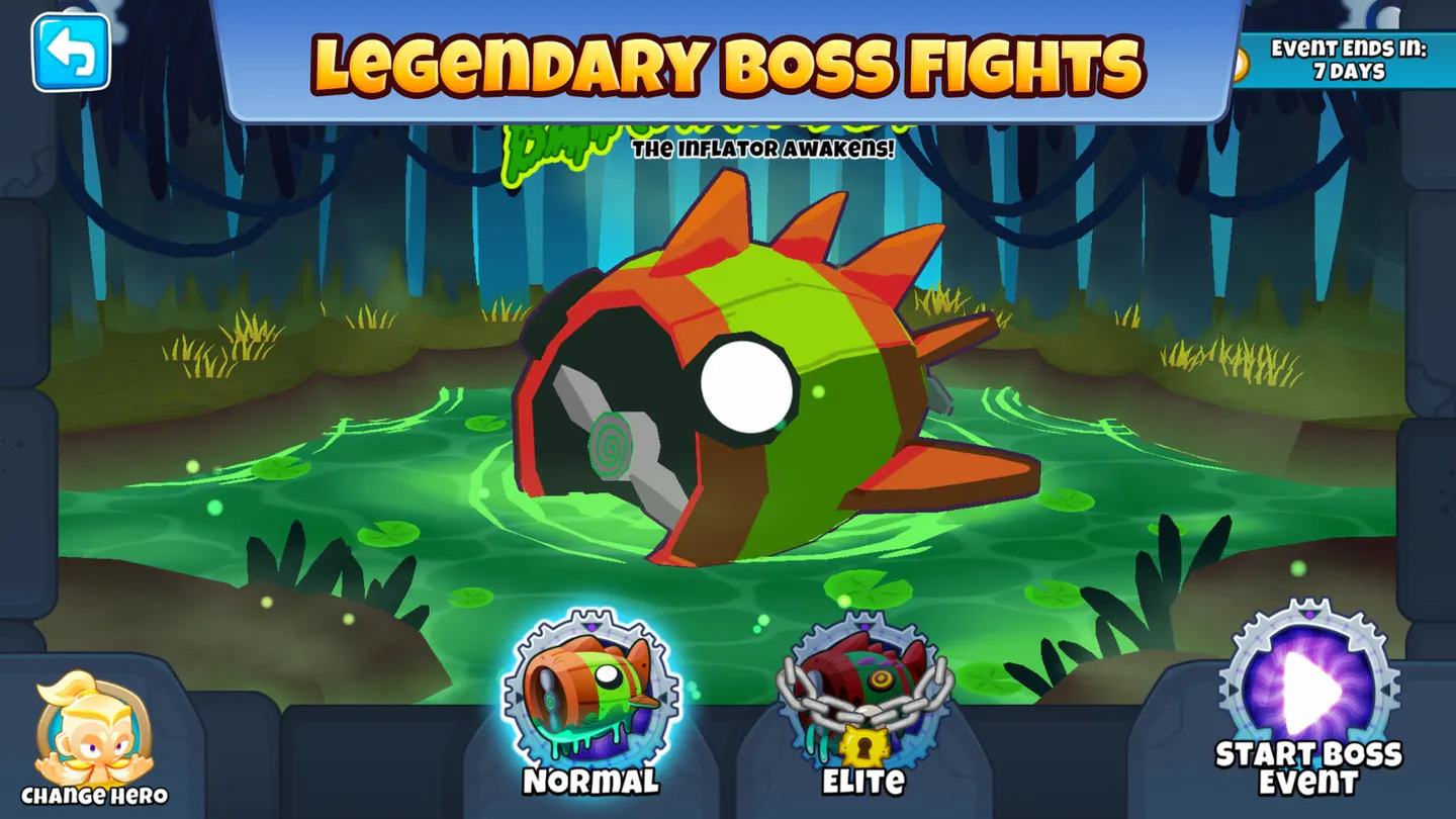 Bloons TD 6 на iPhone: экран события с боссом — шипастый зелено-оранжевый дирижабль в болоте, кнопки Normal, Elite и Start Boss Event