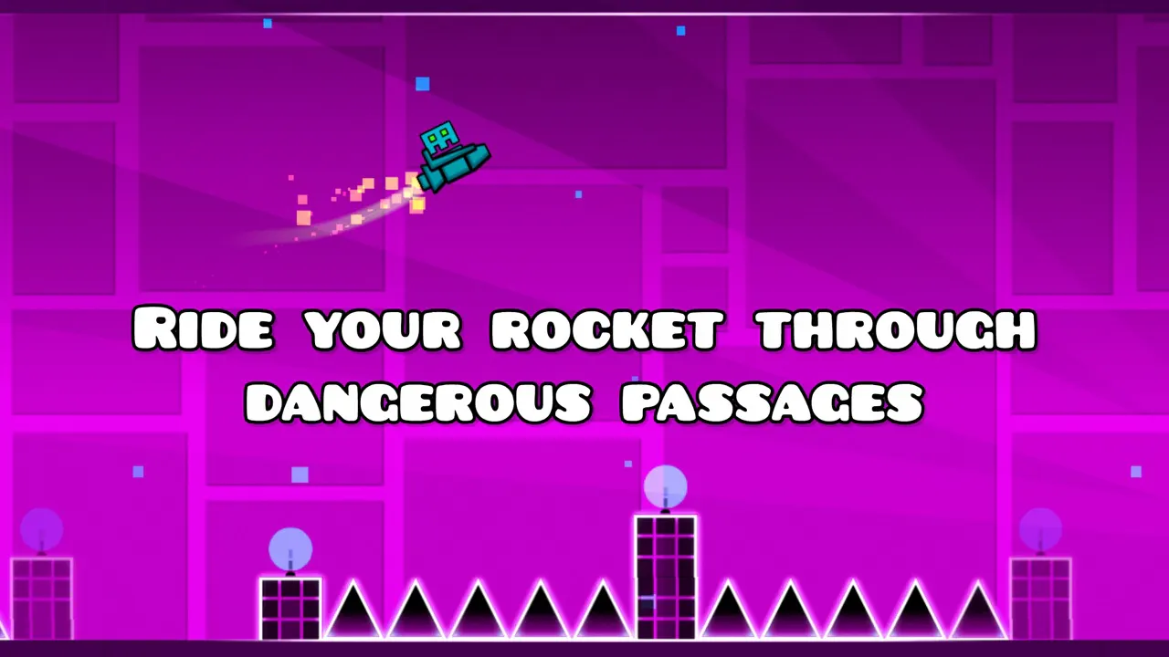 Geometry Dash: бирюзовая иконка летит на ракете над рядом шипов на фиолетовом уровне