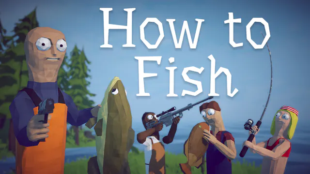 Персонажи How to Fish с пистолетом, снайперской винтовкой, удочкой и пойманной рыбой на фоне озера