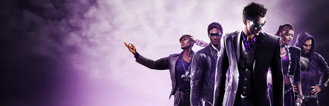 Банда «Святых» из Saints Row: The Third Remastered на фиолетовом фоне — главный герой в костюме и темных очках