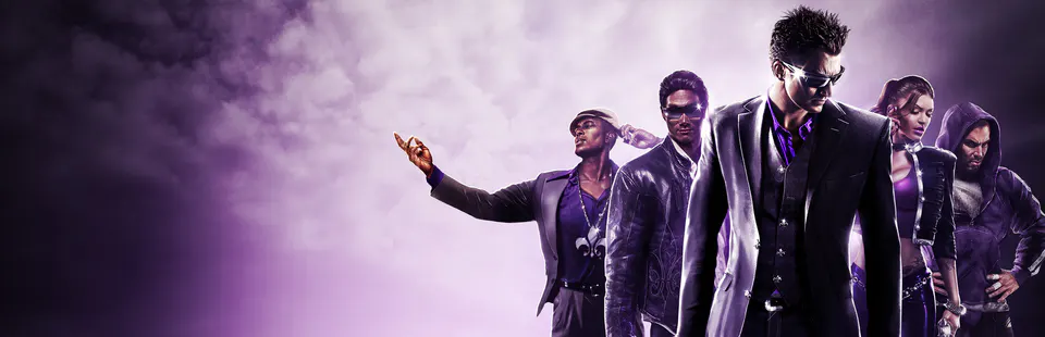 Банда «Святых» из Saints Row: The Third Remastered на фиолетовом фоне — главный герой в костюме и темных очках